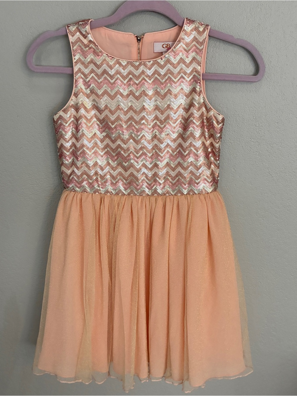 GB Girls Size 10 Peach and Rose Gold Sequin Chevron Tulle Dress